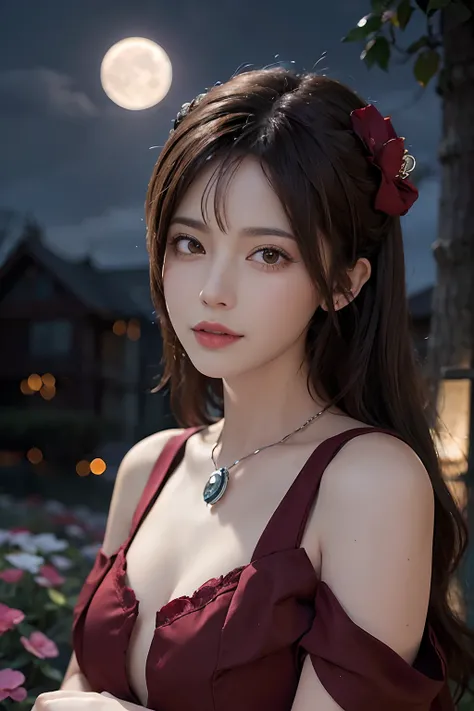 1girl, blurry, blurry_background, brown_eyes, brown_hair, depth_of_field, earrings, flower, full_moon, hair_flower, hair_ornament, lips, looking_at_viewer, moon, moonlight, night, night_sky, outdoors, red_flower, red_moon, sky, solo