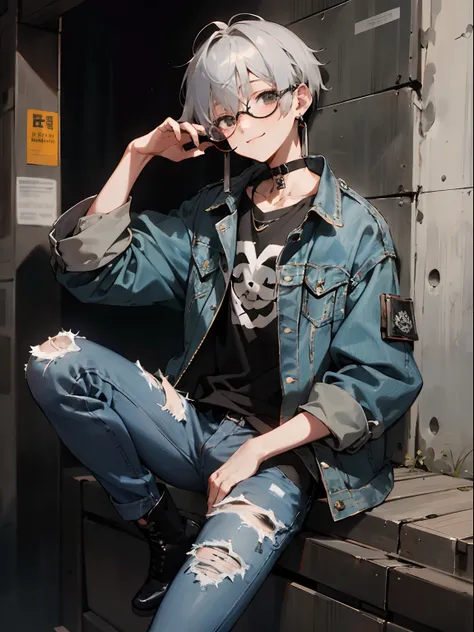 (Male child, eye glasses,A smile, silber hair),(((​masterpiece)))、(((top-quality)))、((ultra-definition))、(High Definition CG Illustration)、((extremely delicate and beautiful)),(​masterpiece:1.2、top-quality), 独奏, The upper part of the body, The hair:buzzcut...