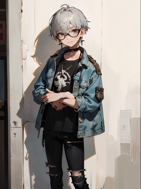 (Male child, eye glasses,A smile, silber hair),(((​masterpiece)))、(((top-quality)))、((ultra-definition))、(High Definition CG Illustration)、((extremely delicate and beautiful)),(​masterpiece:1.2、top-quality), 独奏, The upper part of the body, The hair:buzzcut...