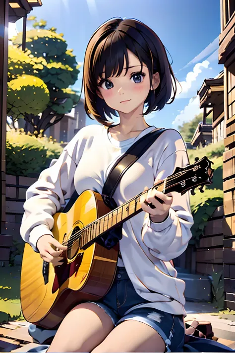 top-quality、masutepiece、8k，cute 18yo girl、brown haired、short bob、dishevled hair、up looking_away、play on guitar、white sweatshirt、...