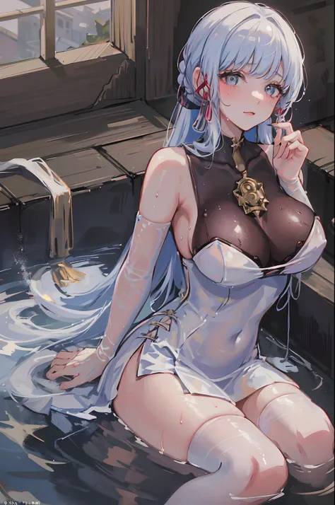 ((beautiful lighting, Best quality, 8K, Masterpiece: 1.3)), 1girl, Perfect body beauty: 1.4, elegant pose, Sweaty + wet skin,((white hair)), (White dress: 1.4), (Bathing gown), (Over the knee white stockings: 1.5), (onsen , night: 1.1), (Hot water bath), S...