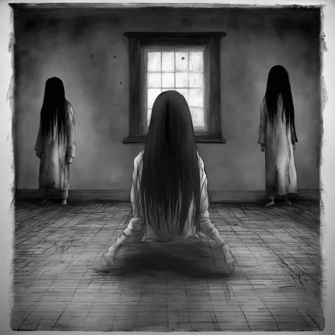 A group of Sadako bent their butts against the wall