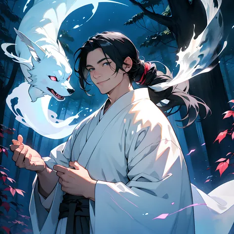 ghost (adult man) in a pure white kimono with long black hair in the woods (at night), highly detailed, friendly smile, happy, will-o-wisps, anime, watercolor