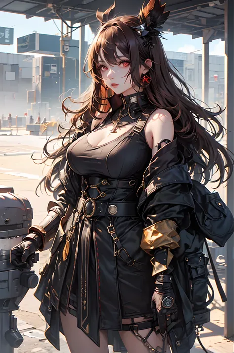 Jewel-like red eyes、Brown hair、Illness、crosses、animesque、thick coating、asymmetry、Red and black clothes、cool、deadpan、girl with、Shoulder out、big breasts