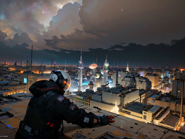 ((best quality 4k)), ((masterpiece)), ( extreme detailed, highest detailed, official art, beautiful and aesthetic:1.2), Portrait of a lone space traveler on a spacesuit looking at the galaxy full of shiny stars, (symmetrycal buildings), shiny stars, futuri...