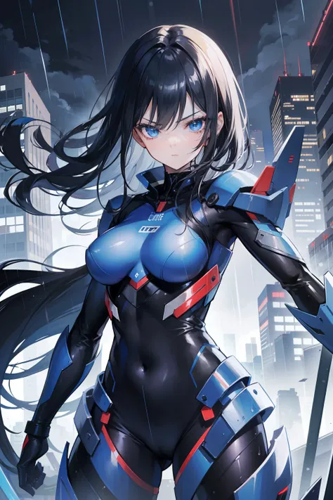 anime girl, good anatomy, detailed face, long black hair, beautiful blue eyes, slightly fierce face, mature, tall, mecha suit, nice background of a rainy city, 8k, high resolution