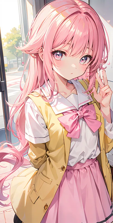 Glowing light pink yellow with hair and pupils，School uniforms in pink, yellow and white，Sweet loli girl，The whole is shining