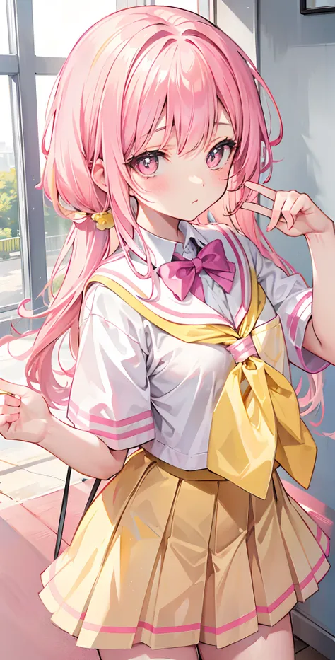 Glowing light pink yellow with hair and pupils，School uniforms in pink, yellow and white，Sweet loli girl，The whole is shining