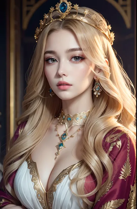 Absurd, ultra-detailed, high quality, masterpiece,  detailed face, beautiful eyes(detailed eyes), Greek mythology, Goddess, Hera , the queen of the gods, striking and captivating, features are classically beautiful, with high cheekbones, a perfectly propor...