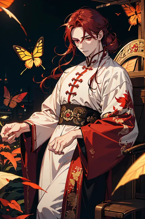 ((masterpiece)), (((best quality))), ((extrem details)), HDR, ((one man)), long dark red hair, red eyes, white glowing butterflies, night, old chinese clothing