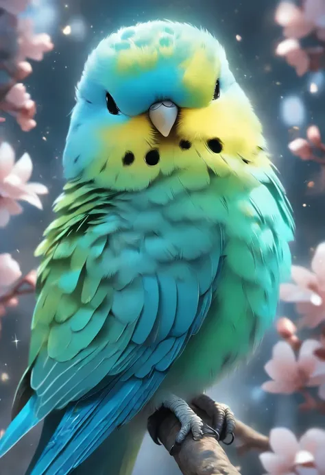 A singing budgerigar with blue feathers, round and cute black eyes, and beautiful subtle color tones. The budgerigar is exquisitely detailed and its feathers are of the highest quality. The artwork is ultra-detailed, capturing every intricate detail of the...