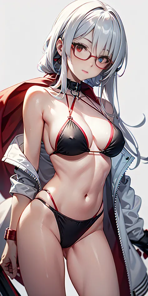 Lucia_crimson_color_Knitting, heterochromia, black bikini, bandaged arm, white jacket, red glasses around neck, looking at viewer, upper body