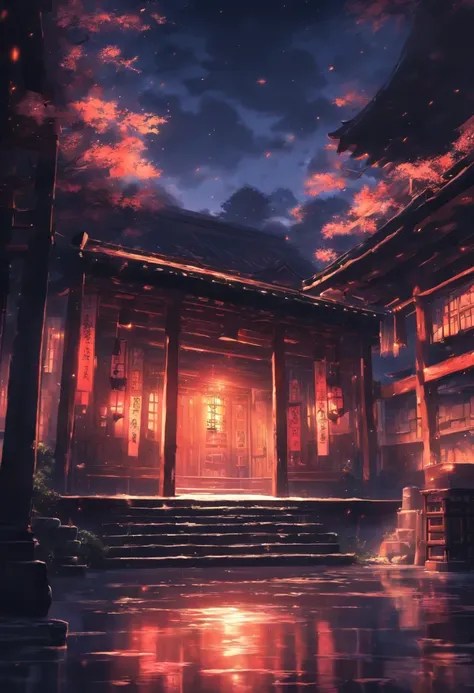 Anime background, temple, dark, ambient light, monochrome, cold outside, warm, room, wide, wide shot, landscape, interior