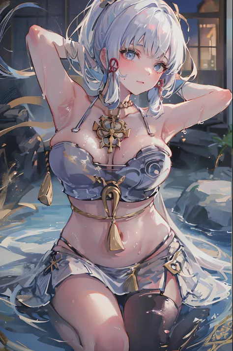 ((beautiful lighting, Best quality, 8K, Masterpiece: 1.3)), 1girl, Perfect body beauty: 1.4, elegant pose, Sweaty + wet skin,((white hair)), (White dress: 1.4), (Bathing gown), (Over the knee white stockings: 1.5), (onsen , night: 1.1), (Hot water bath), S...