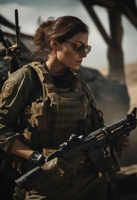 Gere uma imagem da personagem Mara, also known as Mara Death Dealer, do jogo Call of Duty: Guerra moderna.  corpo inteiro, fisionomia cruel, Micro Bikini Uniforme de Batalha, cor vermelha e preta, Detalhes em ouro, na praia, sol poente, palmeiras, corpo es...