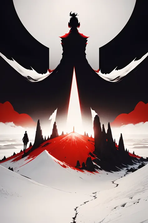 all white background, black red and tan minimalist silhouette mountains, on the plains of african , surrounded by ice green chaos energy, standing in the foreground of scattered trees, safe, glowing, claws, glowing_eyes, standing, no_humans, teeth, gradien...