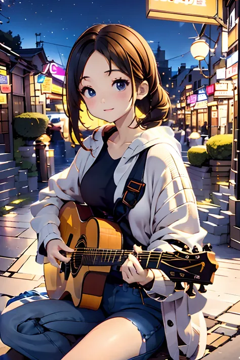 top-quality、masutepiece、8k，cute 18yo girl、brown haired、a short bob、dishevled hair、looking_away、up looking_away、playing on guitar...