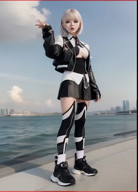 Idol in futuristic business suit、large full breasts、beautiful foot、White mesh hair、Good Style、、White and black cyberpunk business jacket、、.Tight mini skirt