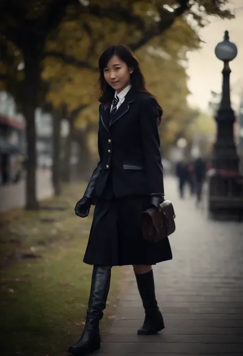 A Japanese high school girl in a blazer uniform, wearing black leather gloves in both hands, wearing black leather long boots, walking with a smile, traveling alone