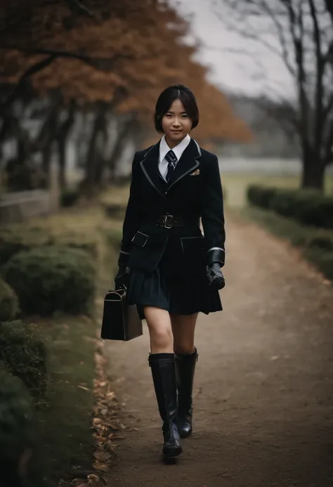 A Japanese high school girl in a blazer uniform, wearing black leather gloves in both hands, wearing black leather long boots, walking with a smile, traveling alone