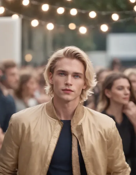 photo of a stunning handsome Australian male, blue eyes, short messy windy light blonde hair, flipping hair, closeup zoomed in tight crop portrait, walking down a (runway at a fashion show scene models people:1.2) wearing a (casual designer clothing:1.3) (...