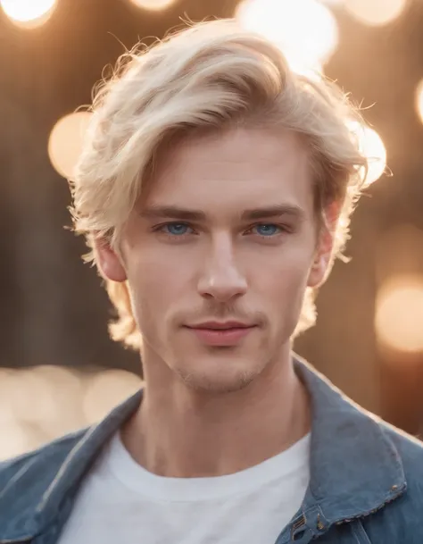 photo of a stunning handsome Australian male, blue eyes, short messy windy light blonde hair, flipping hair, closeup zoomed in tight crop portrait, walking down a (runway at a fashion show scene models people:1.2) wearing a (casual designer clothing:1.3) (...