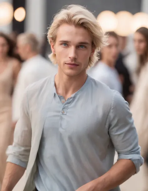 photo of a stunning handsome Australian male, blue eyes, short messy windy light blonde hair, flipping hair, closeup zoomed in tight crop portrait, walking down a (runway at a fashion show scene models people:1.2) wearing a (casual designer clothing:1.3) (...