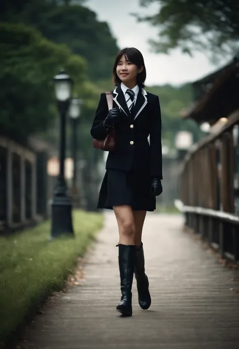 A Japanese high school girl in a blazer uniform, wearing black leather gloves in both hands, wearing black leather long boots, walking with a smile, traveling alone