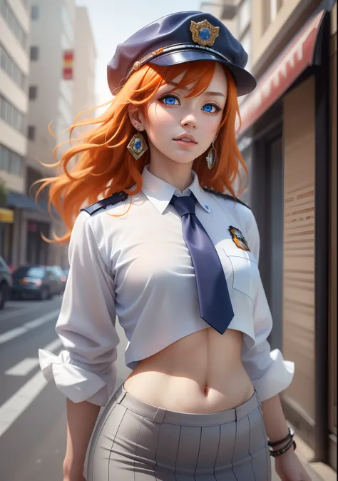 Masterpiece, best quality, detailed face, realistic art, kousaka honoka, blue eyes, orange hair, white shirt,half sleeves,earrings, impossible clothes, tight white low pencil skirt, midriff, necktie,  police cap,in street,looking at viewer, cowboy shot