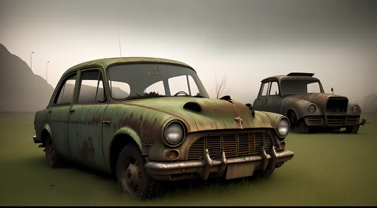 there is a old car that is sitting in the grass, a detailed matte painting inspired by Rudy Siswanto, pexels contest winner, conceptual art, 3 d render and matte painting, post apocalyptic background, post apocalyptic landscape, post apocalyptic view, post...