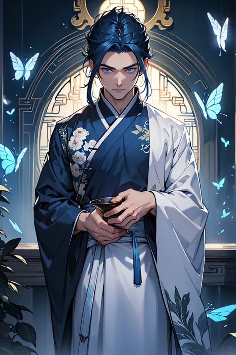 ((masterpiece)), (((best quality))), ((extrem details)), HDR, ((one man)), long dark blue hair, blue eyes, white glowing butterflies, night, old chinese clothing