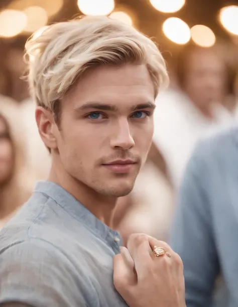 photo of a stunning handsome Hawaiian male, blue eyes, short messy windy light blonde hair, flipping hair, closeup zoomed in tight crop portrait, walking down a (runway at a fashion show scene models people:1.2) wearing a (casual designer clothing:1.3) (ex...