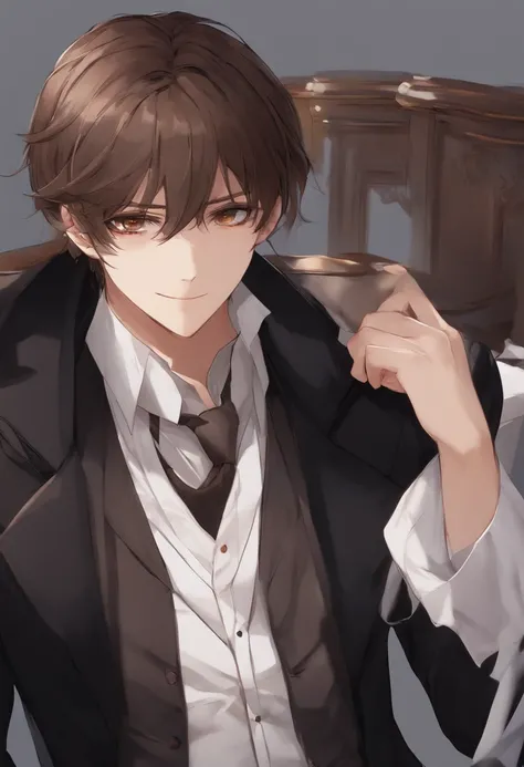 Brown hair、male teen、tall、Wear a black coat、White shirt inside、Black tie、Smiling sadly、Turn around、Black eyes、Bandage a lot、animesque、