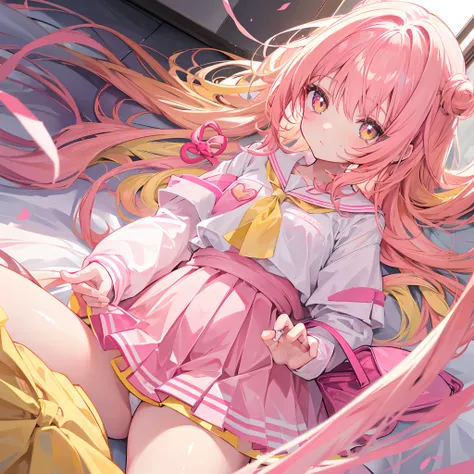 Glowing light pink yellow with hair and pupils，School uniforms in pink, yellow and white，Sweet loli girl，The whole is shining