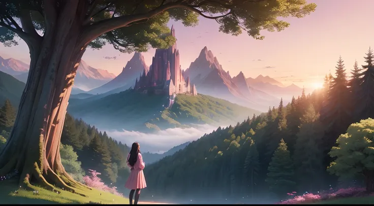 Enchanted Kingdom, Dawn Landscape, Magical Setting, Pink Sky, Orange Tones, Purple Hues, Heavenly Atmosphere, Majestic Mountains, Soft Fog, Lush Forest, Tall Trees, Leafy Canopy, Sparkling Flowers, Morning Light, Determined Protagonist, Luna, Long Black Ha...