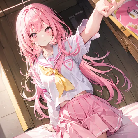 Glowing light pink yellow with hair and pupils，School uniforms in pink, yellow and white，Sweet loli girl，The whole is shining