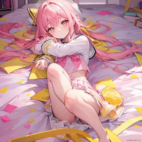 Glowing light pink yellow with hair and pupils，School uniforms in pink, yellow and white，Sweet loli girl，The whole is shining