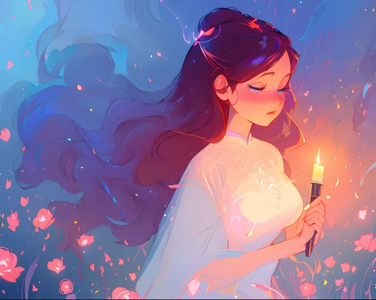 anime, a girl with long hair, flowing white dress, beautiful girl holding a candle, long glowing ethereal hair, glowing flowing hair, flowing glowing hair, long glowing hair, beautiful anime art style, beautiful digital illustration, ethereal anime, a beau...