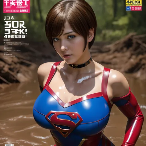 (Best Quality,4K,8K,hight resolution,masutepiece:1.2),Ultra-detailed,Realistic:1.37,Super masterpiece,Short-haired Supergirl struggling in a quagmire、large full breasts、Looking at the camera、Glossy costume、a choker、Covered in mud、Weekly magazine cover、Spla...