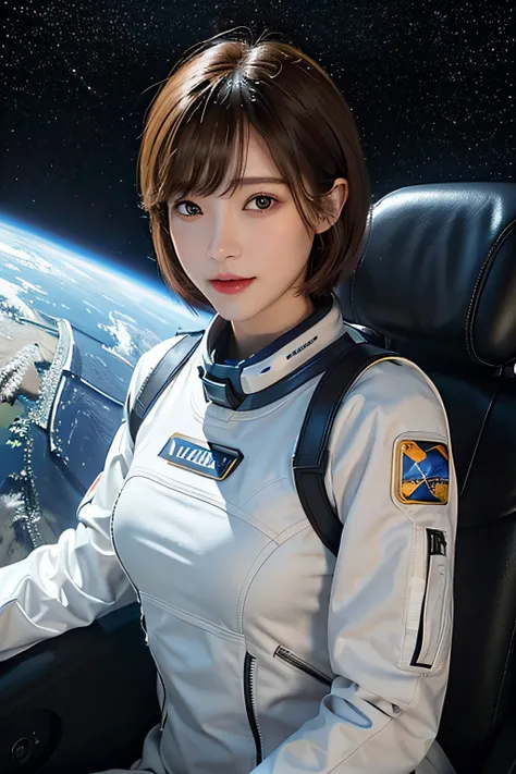 top-quality、​masterpiece、超A high resolution、(realisitic:1.4)、Beautuful Women１、Beautiful detail eyes and skin、ssmile、Light brown short-cut hair、The perfect spacesuit、spaceships、Inside the spacecraft、macrocosm、Unknown Planet、