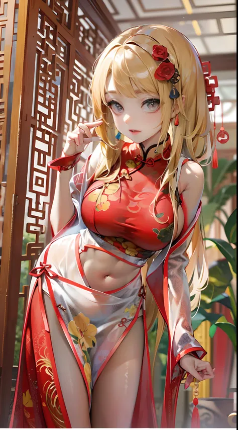 The blonde，on cheongsam，(Red cheongsam)，(Chinese tradition)，During the Republic of China，huge tit，High-forked cheongsam，expose arms，Exposing thighs，(cleavage)，Full body photo