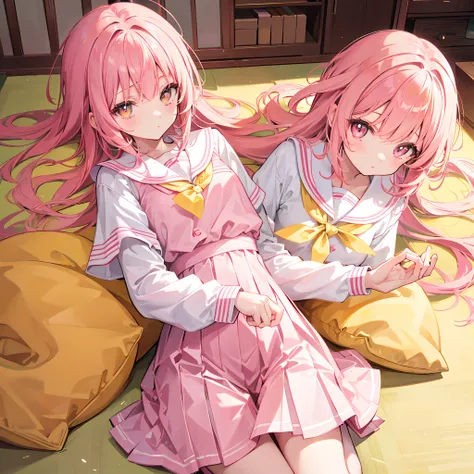 Glowing light pink yellow with hair and pupils，School uniforms in pink, yellow and white，Sweet loli girl，The whole is shining