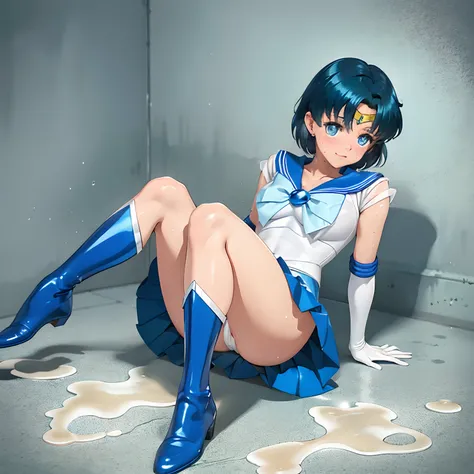 Sailor Mercury　Transformation heroine of justice　Enameled White Leotard　Enamel Blue Boots　Wrinkled boots　Enamel White Gloves　Enamel Blue Mini Skirt　Neat and clean image　Gold decoration　Costumes with fancy decorations　justice　poneyTail　semi long hair　hair a...