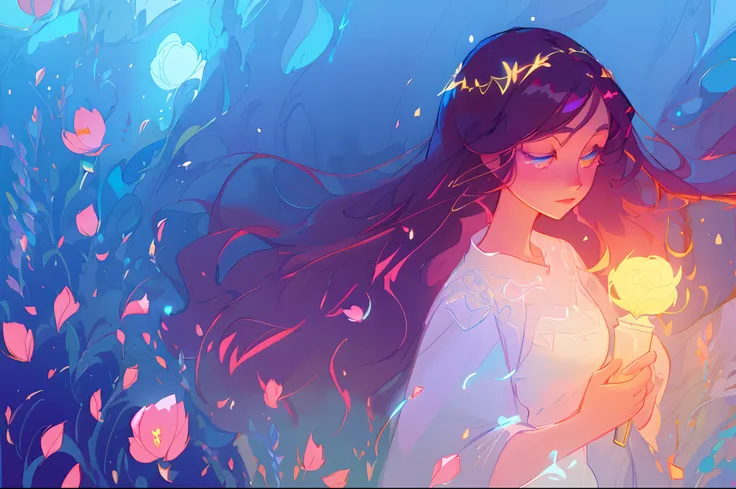 anime, a girl with long hair, flowing white dress, beautiful girl holding a glowing flower of light, long glowing ethereal hair, glowing flowing hair, flowing glowing hair, long glowing hair, beautiful anime art style, beautiful digital illustration, ether...