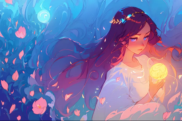 anime, a girl with long hair, flowing white dress, beautiful girl holding a glowing flower of light, long glowing ethereal hair, glowing flowing hair, flowing glowing hair, long glowing hair, beautiful anime art style, beautiful digital illustration, ether...