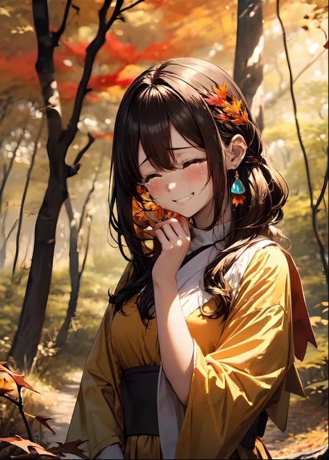 absurderes, ultra-detailliert,bright colour, (1girl in:1.4),(A very beautiful forest with autumn leaves:1.5),extremely beautiful detailed anime face and eyes, (Fox personification:1.3),Blushing、Yellow skin、(Brown Smooth Straight Hair:1.3)、Bright kimono bas...