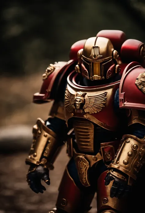 A highly realistic space marine Astartes, in his gold steel Power armor, red in color, ultra realism, best quality, Warhammer40k