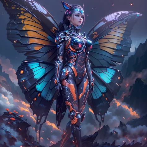 wide wide shot，(Best quality,4K,8K,A high resolution,Masterpiece:1.2),Ultra-detailed,(Realistic,Photorealistic,photo-realistic:1.37),Mechanical Woman，Huge butterfly wings,Shiny metal skin,[Mechanical body,Mechanical limb]。nigth,frontage，(standing on top of...