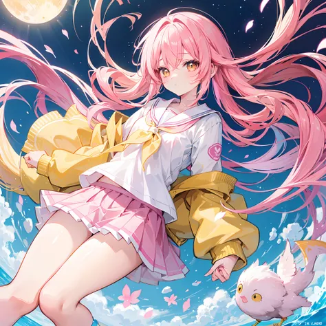 Glowing light pink yellow with hair and pupils，School uniforms in pink, yellow and white，Sweet loli girl，The whole is shining，The loli girl who sinks the fish and falls into the goose and closes the moon