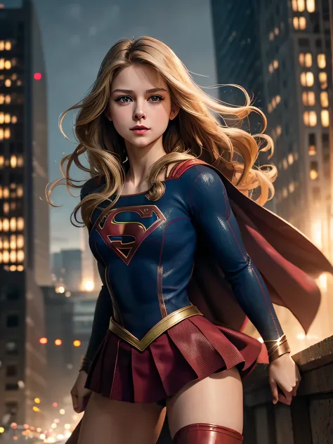 1girl in、Melissa Benoist - SMF、blondehair、Superhero、Long hair、Beautiful lips、Outer Armor、body suit、Red skirt、long boots、red footwear、hightquality、hight resolution、​masterpiece、foco nítido、photographrealistic、Raw photography、bustshot、lighting like a movie、D...